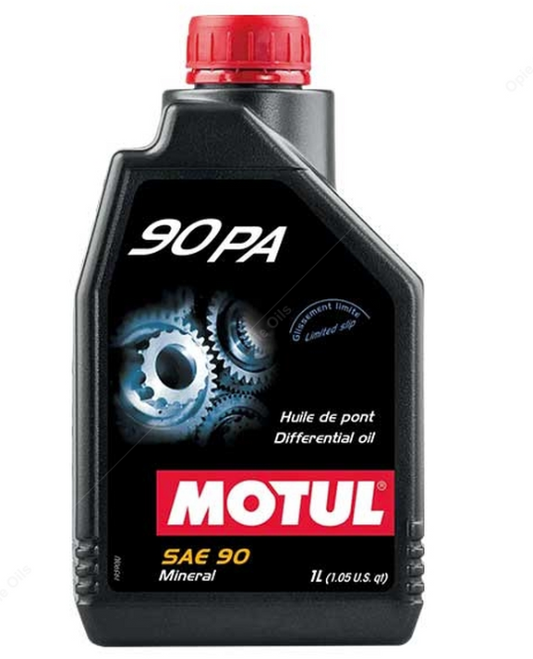 A 1-liter black bottle of MOTUL 90PA SAE 90 Mineral differential oil with a red cap, shown on a plain white background.